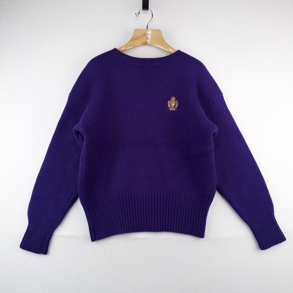 80's Vtg Polo Ralph Lauren Wool Boat Neck Purple Embroidered Crest Sweater XL